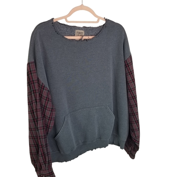 Furst of a Kind upcycled redone plaid flannel sweatshirt distressed - Picture 1 of 10